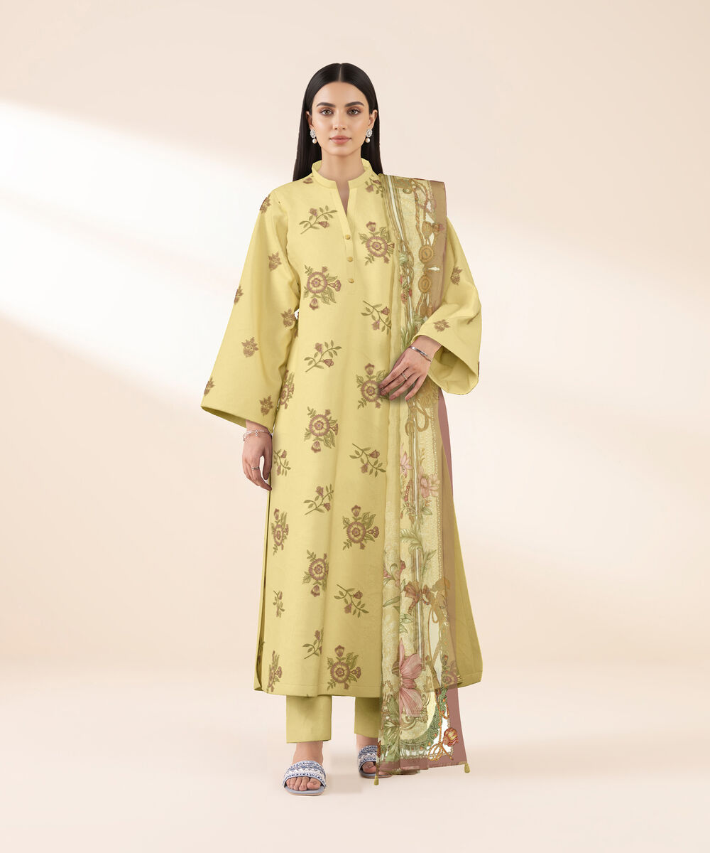 Women's Unstitched Lawn Dull Yellow Embroidered 3 Piece Suit