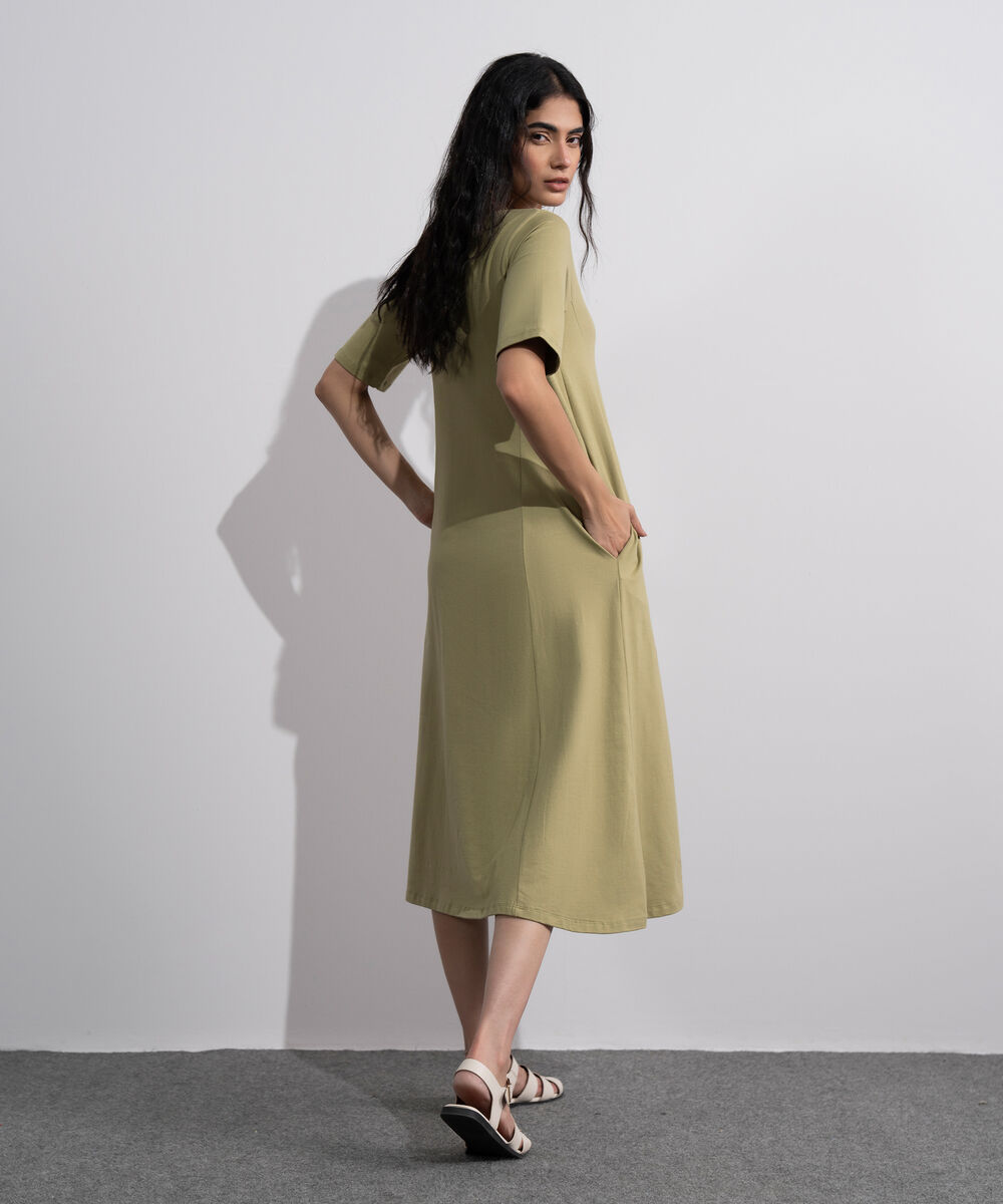 Women's Olive Green Flared Panelled Midi Dress