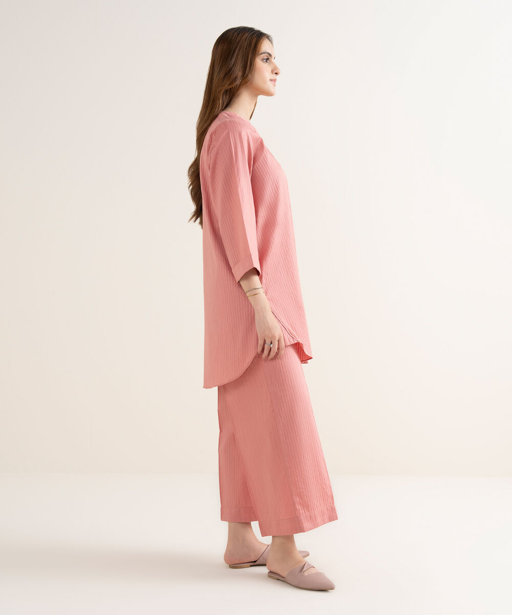 Women's RTW Handwoven Dobby Solid Button Down Pink Shirt