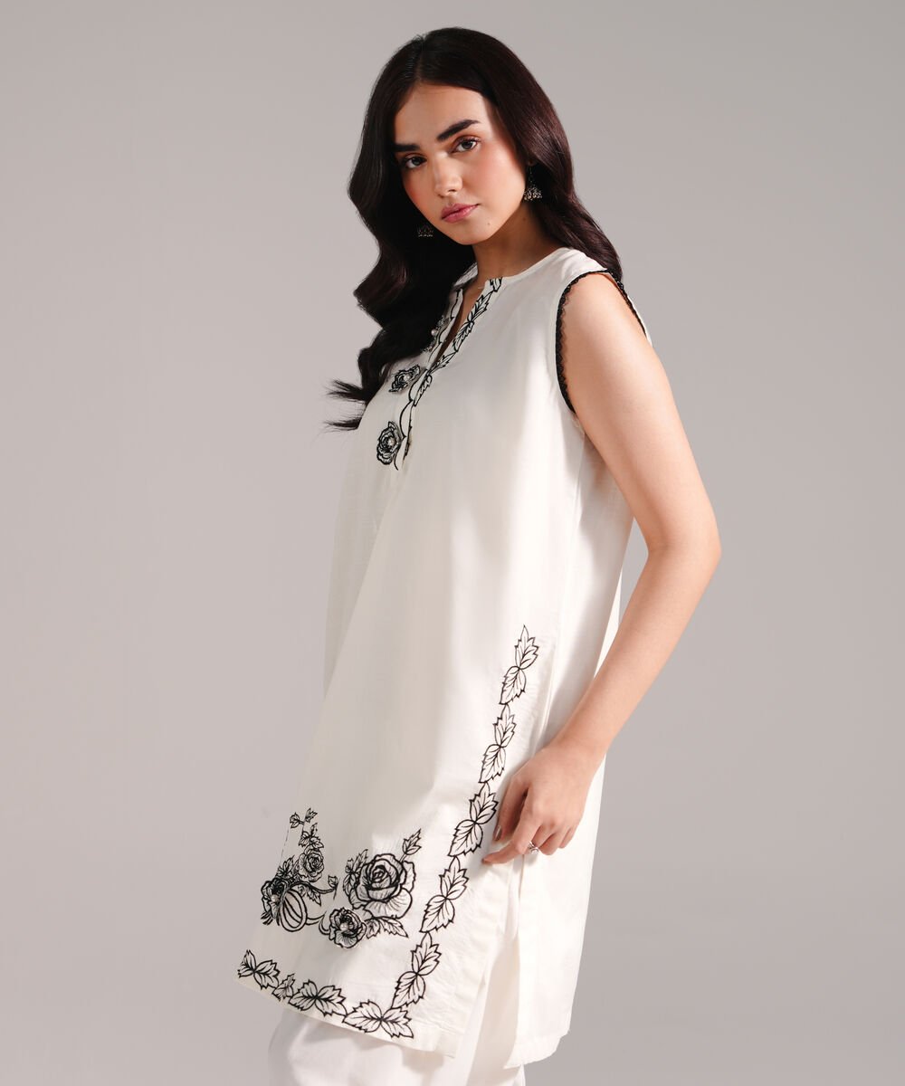 Women's RTW Slub Lawn Embroidered Off White Straight Shirt