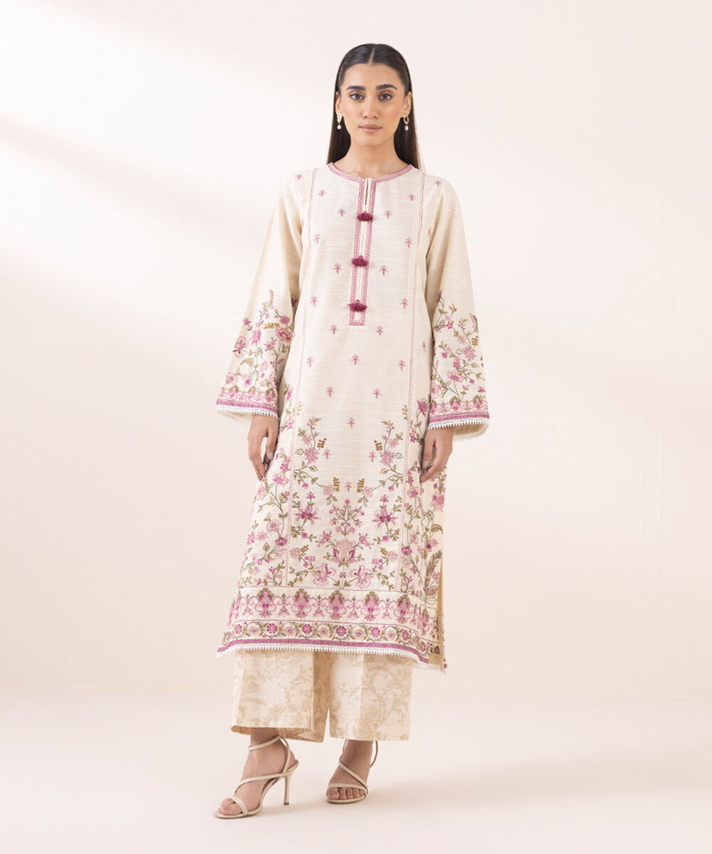 Women's Pret Solid Embroidered Cream White Zari Khaddar A Line Shirt