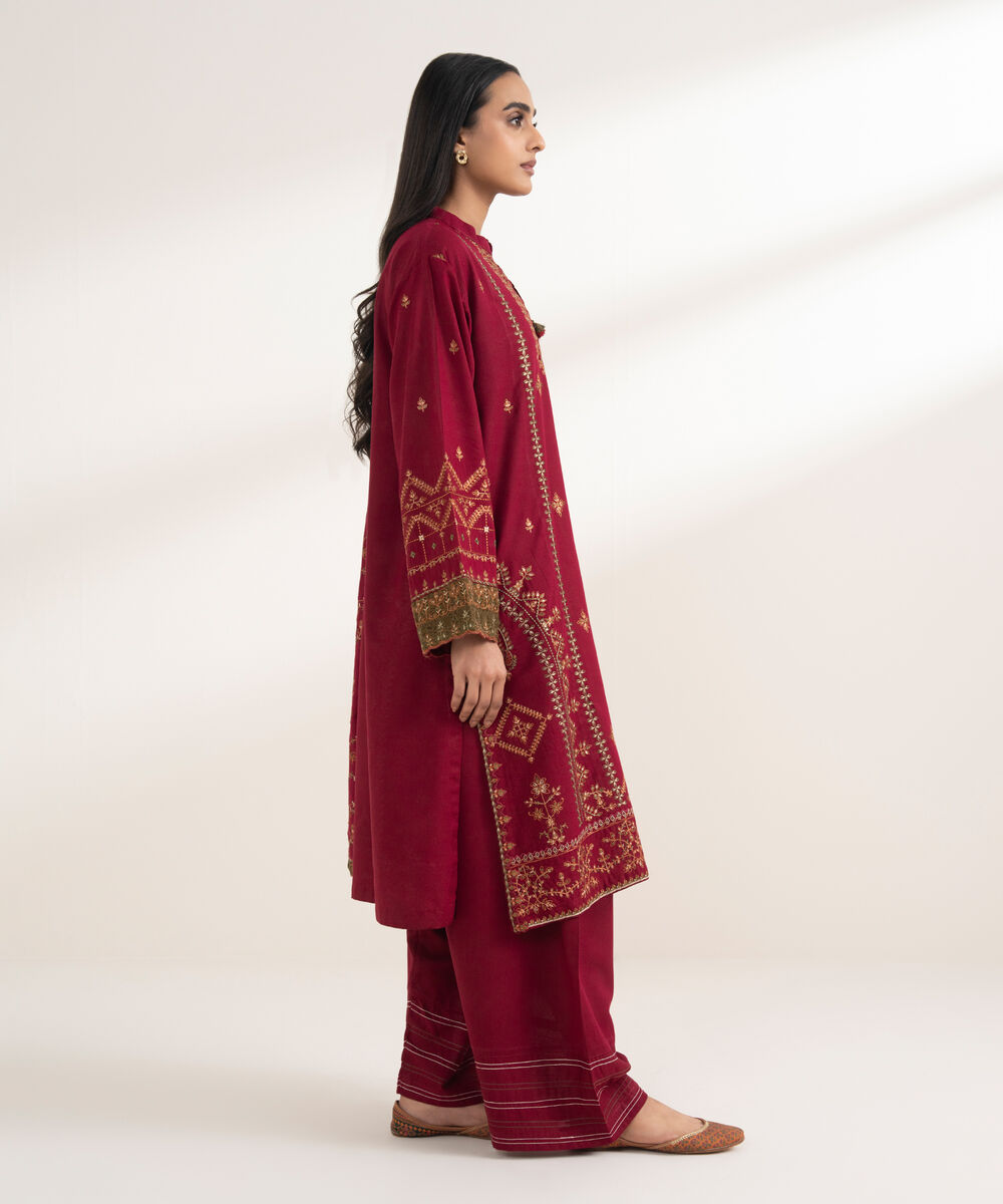 Women's RTW Cotton Karandi Embroidered Maroon 3 Piece Suit