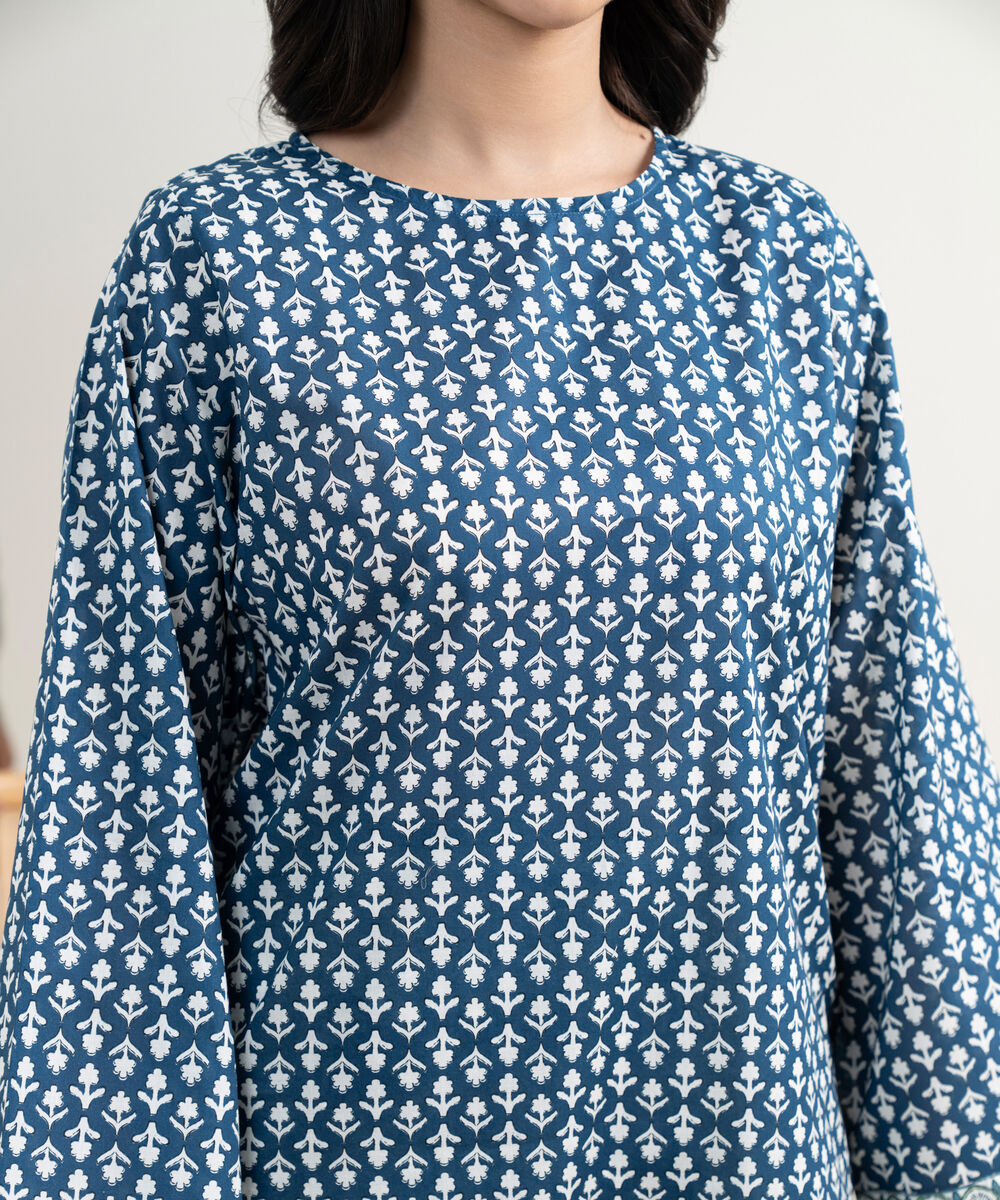 Women's RTW Lawn Printed Blue Straight Shirt