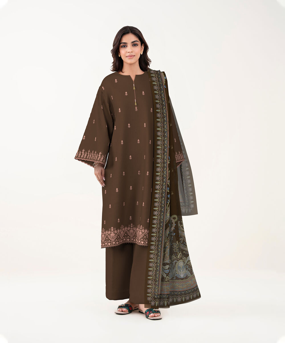 Women's Unstitched Lawn Brown Embroidered 3 Piece Suit