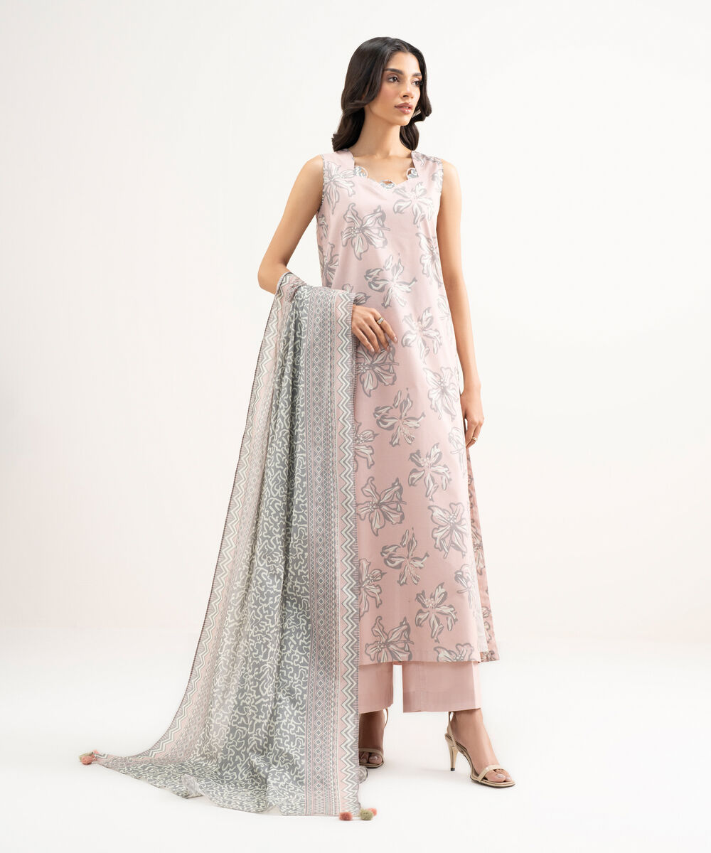 Women's Unstitched Lawn Printed Pink 3 Piece Suit