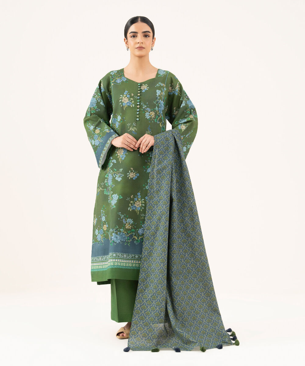 Women's Unstitched Light Khaddar Printed Green 3 Piece Suit