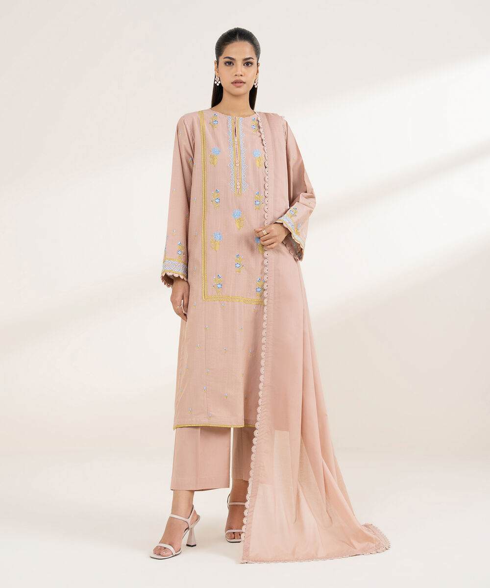 Women's RTW Dobby Pink Embroidered Boxy Shirt