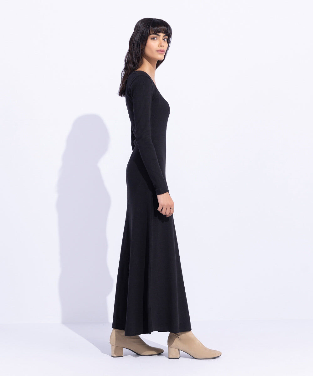 Woman - Black Square Neck Ribbed Dress