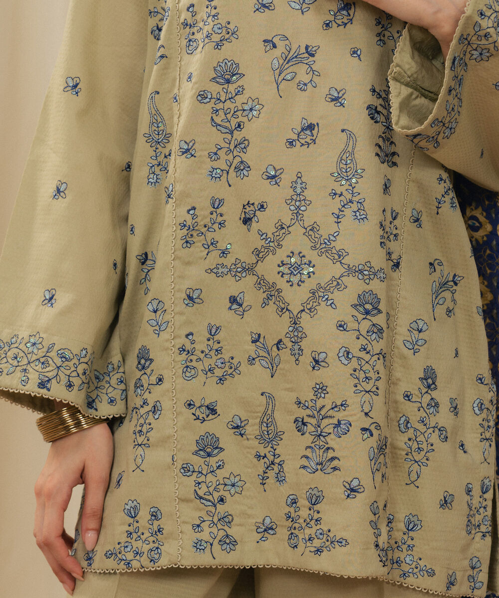 Women's RTW Dobby Embroidered Green 3 Piece Suit