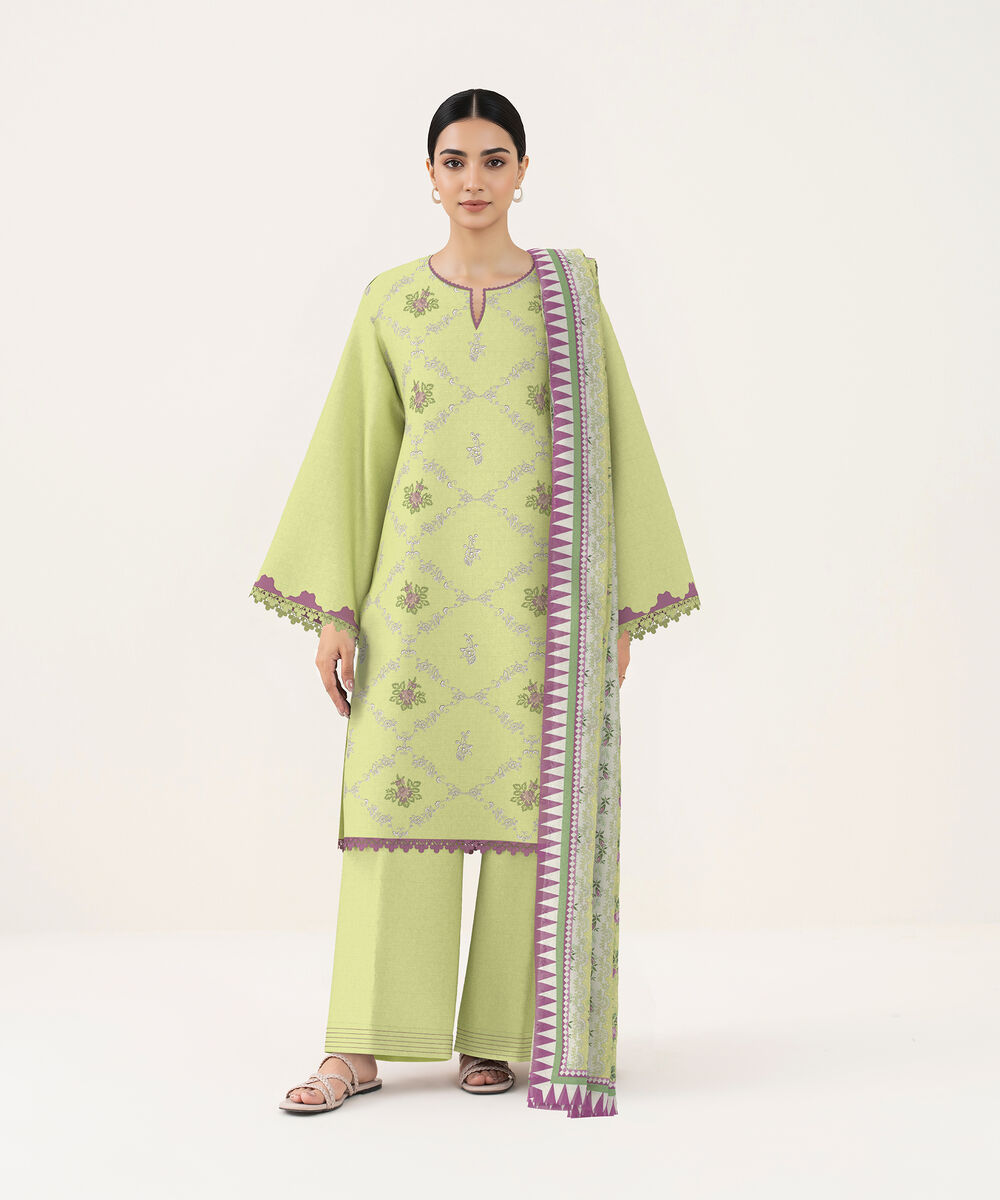 Women's Unstitched Self Jacquard Light Yellow Embroidered 3 Piece Suit