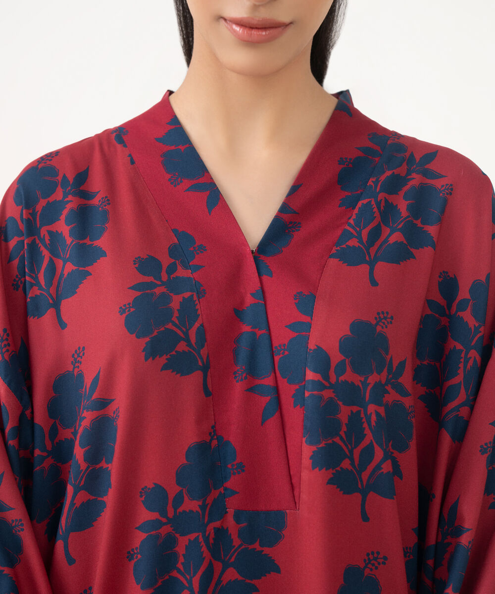 Women's RTW Viscose Linen Red Printed Drop Shoulder Shirt