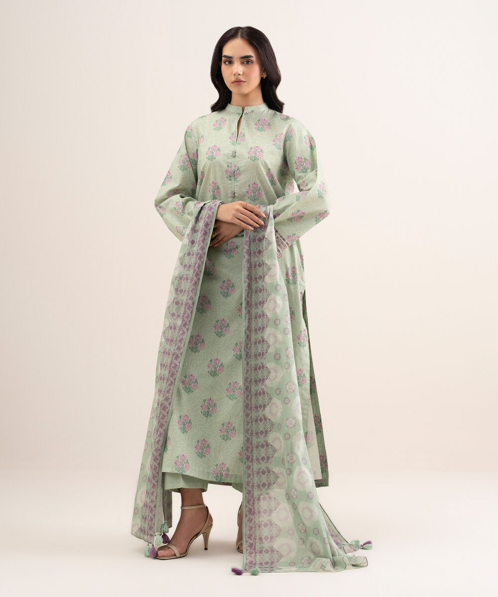 Women's Unstitched Lawn Printed Green 3 Piece Suit