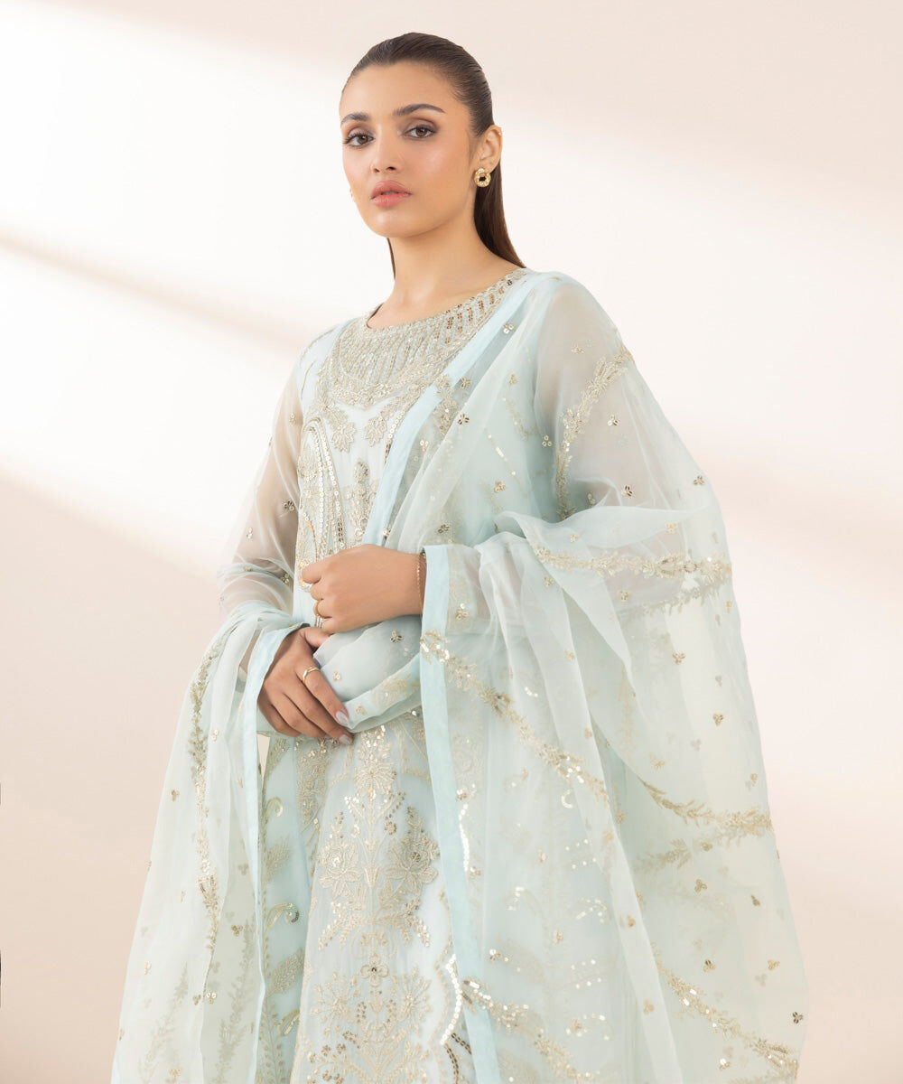 Women's Pret Blended Organza Green Embroidered 3 Piece Suit