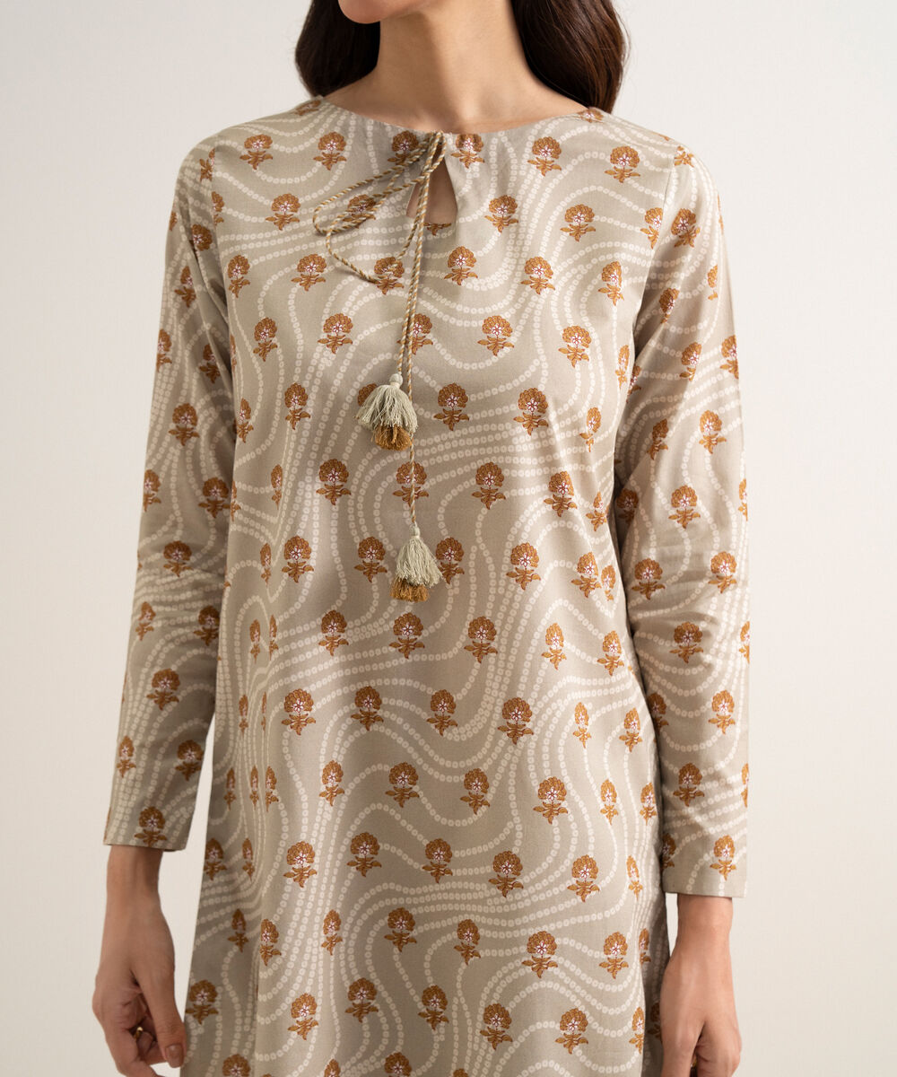 Women's Unstitched Cotton Printed Beige 3 Piece Suit