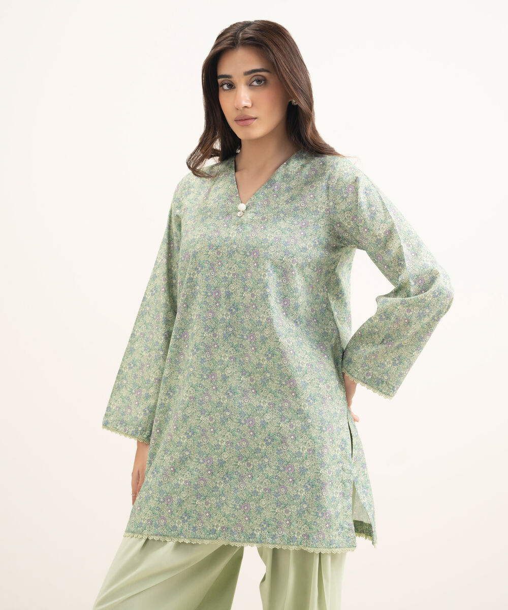Women's RTW Cotton Viscose Printed Green Straight Shirt