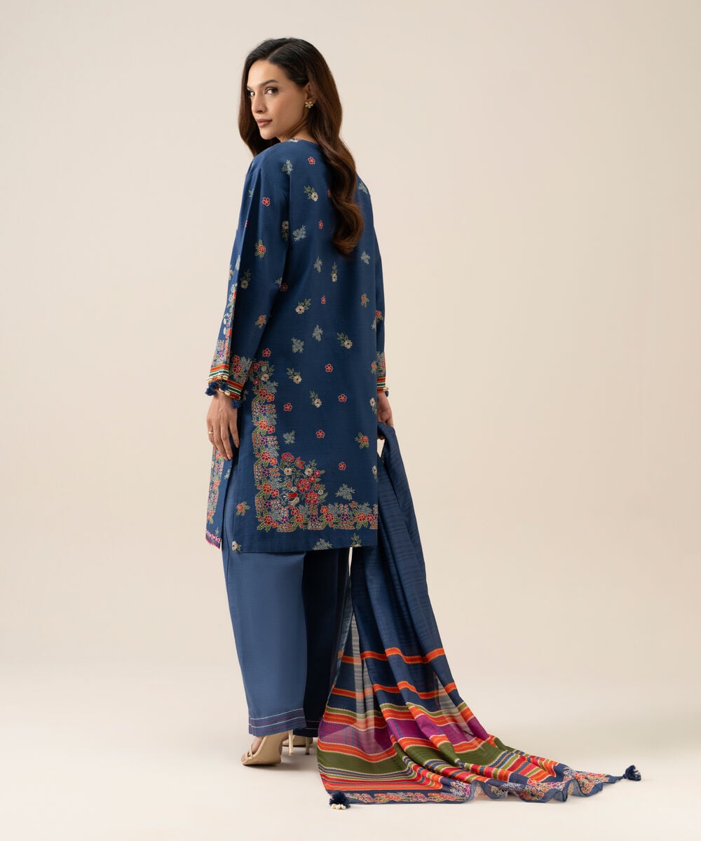 Women's Unstitched Light Khaddar Printed Blue 3 Piece Suit