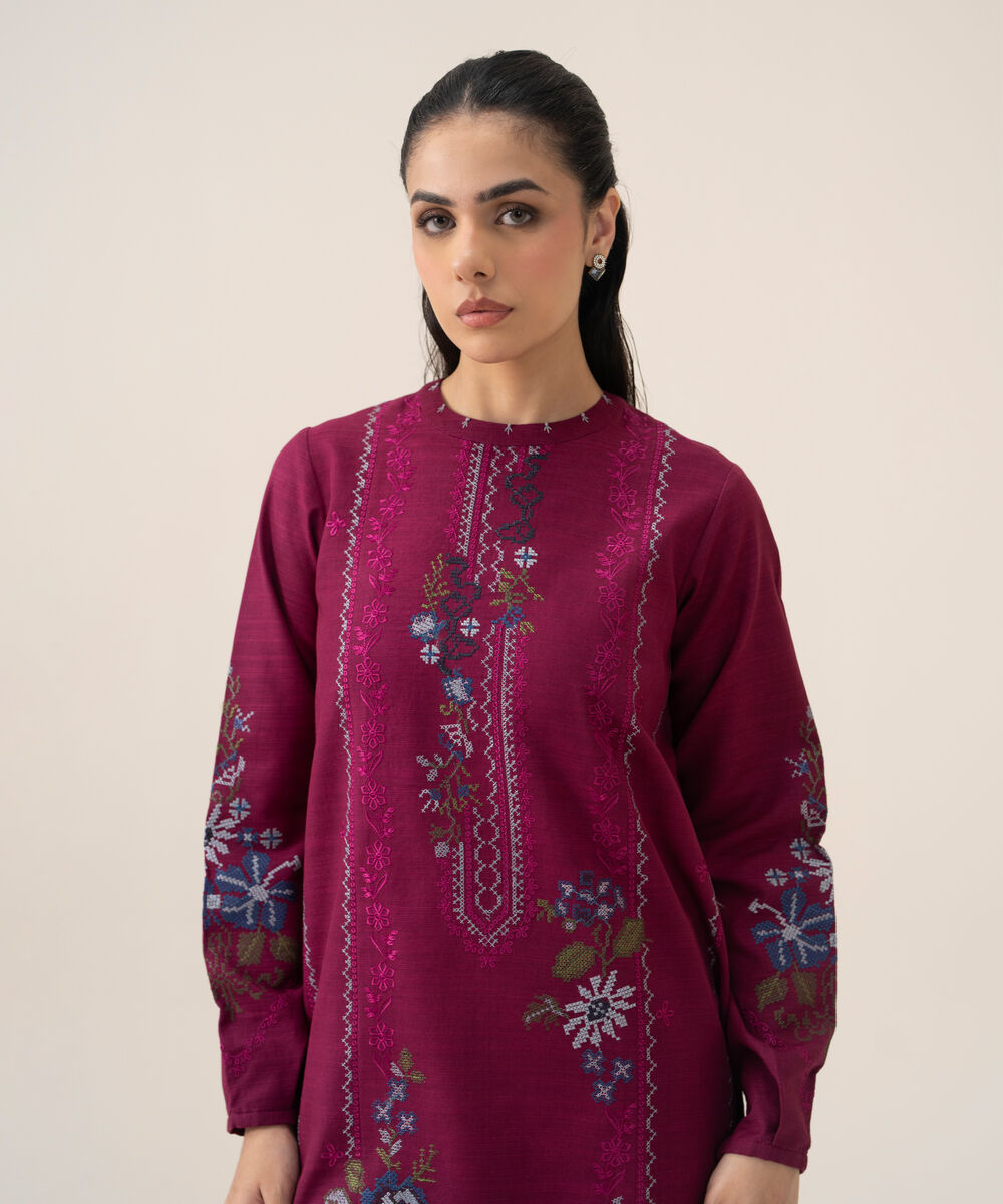 Women's Unstitched Lawn Embroidered Magenta 3 Piece Suit