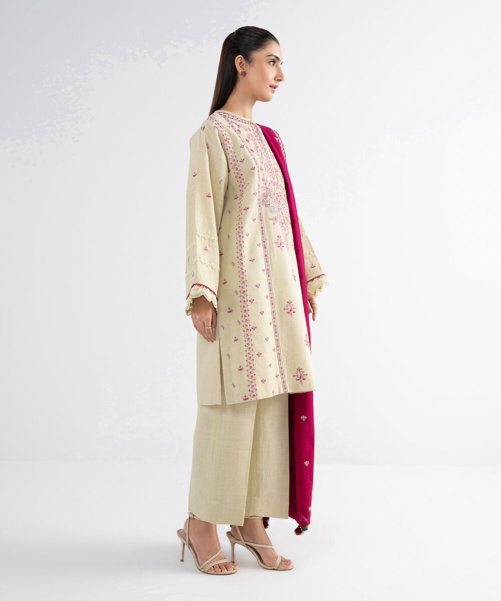 Women's Unstitched Cross Hatch Embroidered Off White 3 Piece Suit