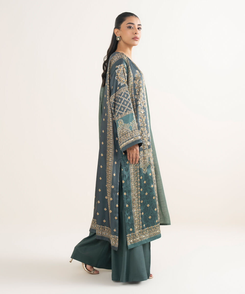 Women's RTW Blended Satin Embroidered Green 3 Piece Suit