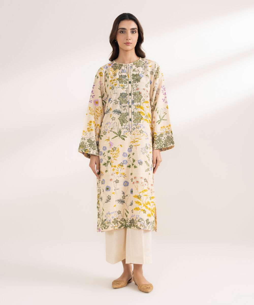 Women's RTW Khaddar Embroidered A-Line Pale Yellow Shirt