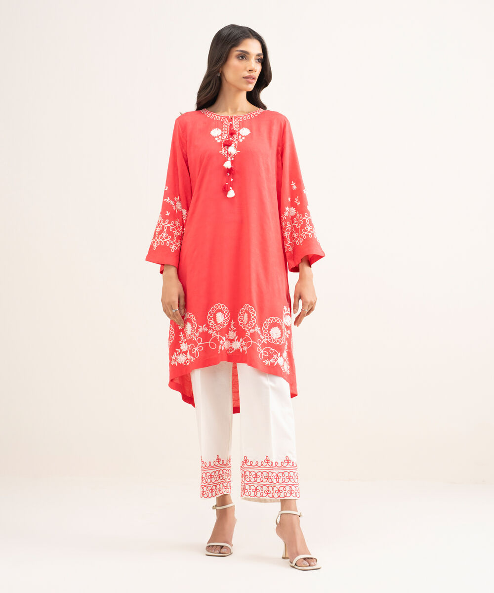 Women's RTW Arabic Self Jacquard Embroidered Pink Straight Shirt