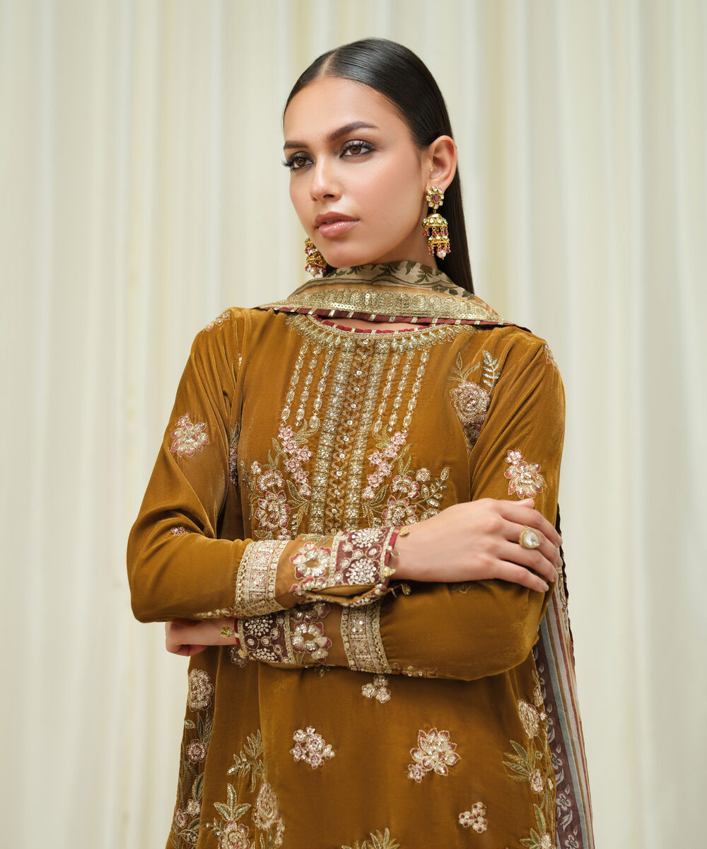 Women's Unstitched Velvet Embroidered Brown 3 Piece Suit