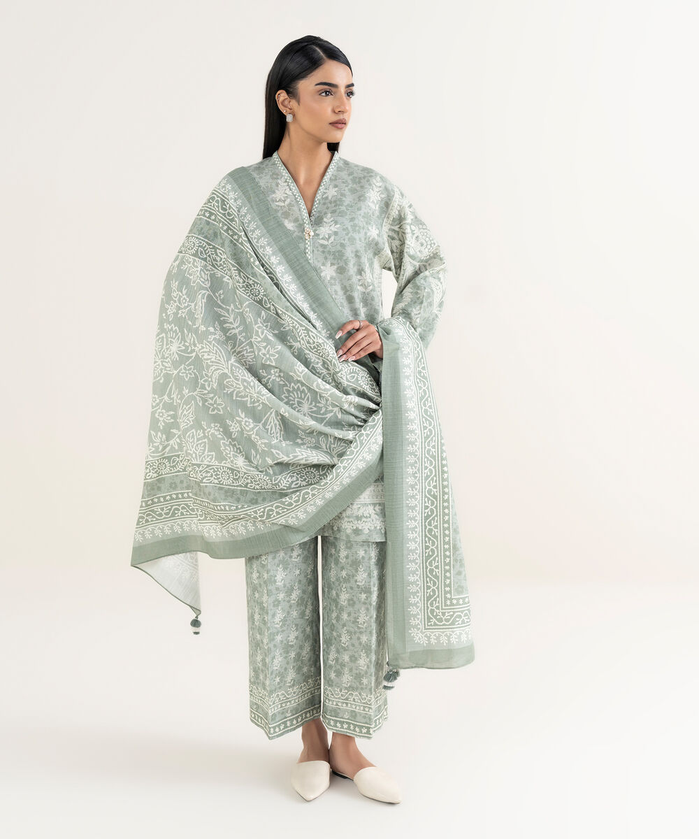 Women's Unstitched Printed Cotton Grey and Off White 3 Piece Suit