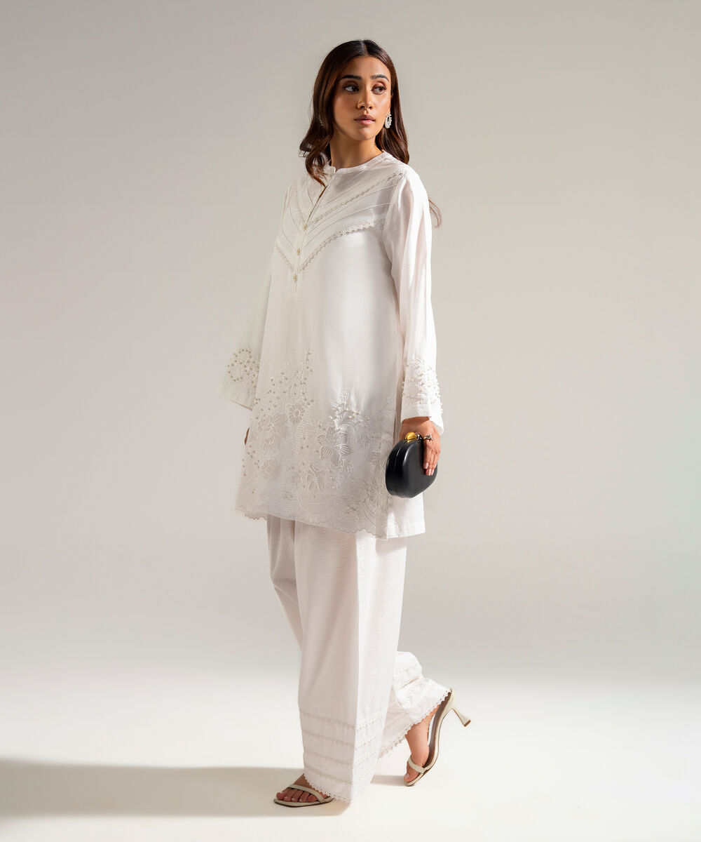 Women's RTW Self Jacquard Embroidered White 2 Piece Suit