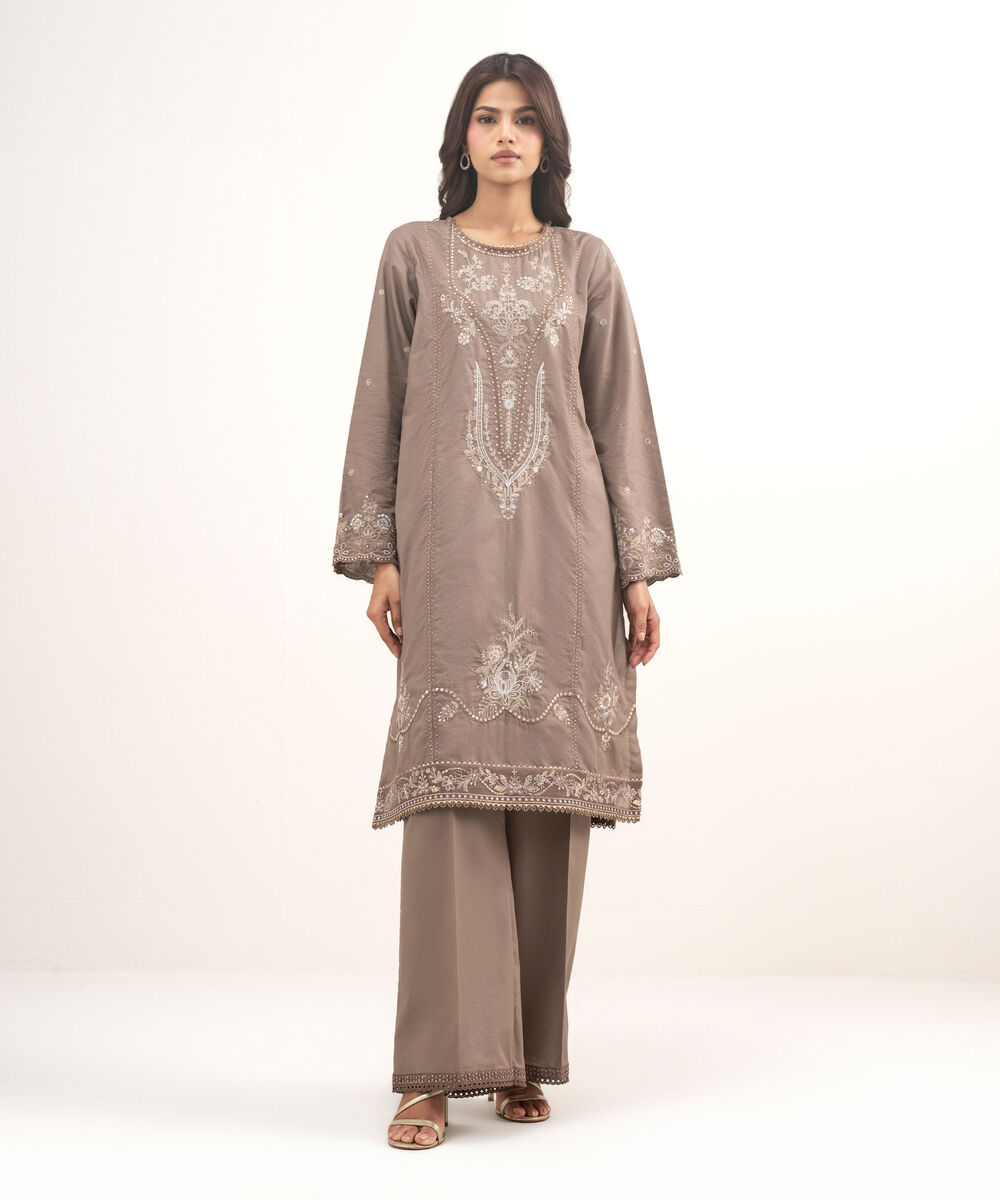 Women's RTW Zari Lawn Embroidered Brown 2 Piece Suit