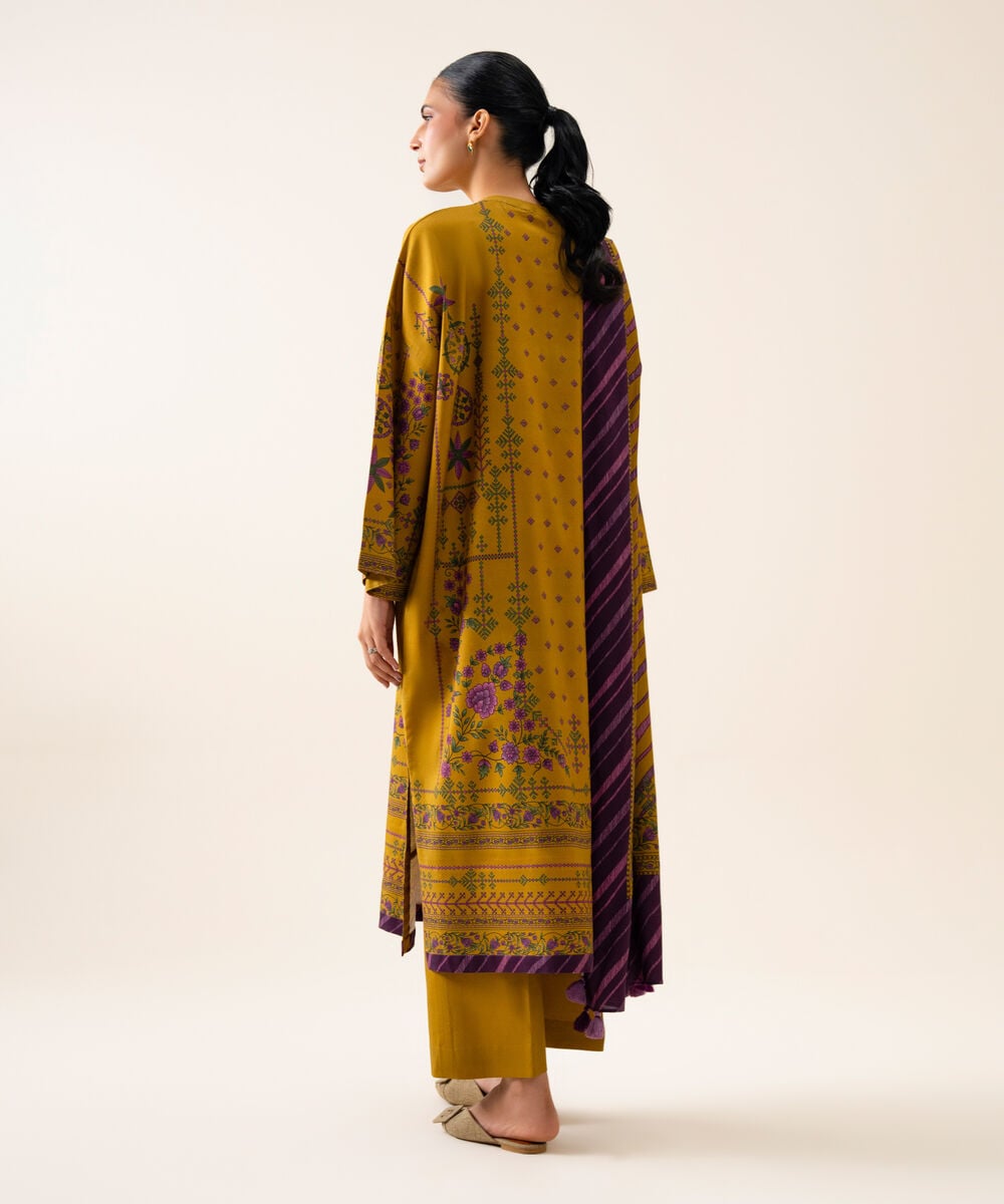 Women's Unstitched Viscose Linen Printed Mustard 3 Piece Suit