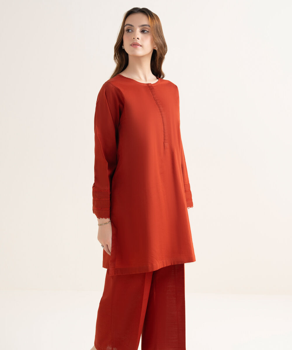 Women's RTW Textured Cotton Solid Boxy Orange Shirt