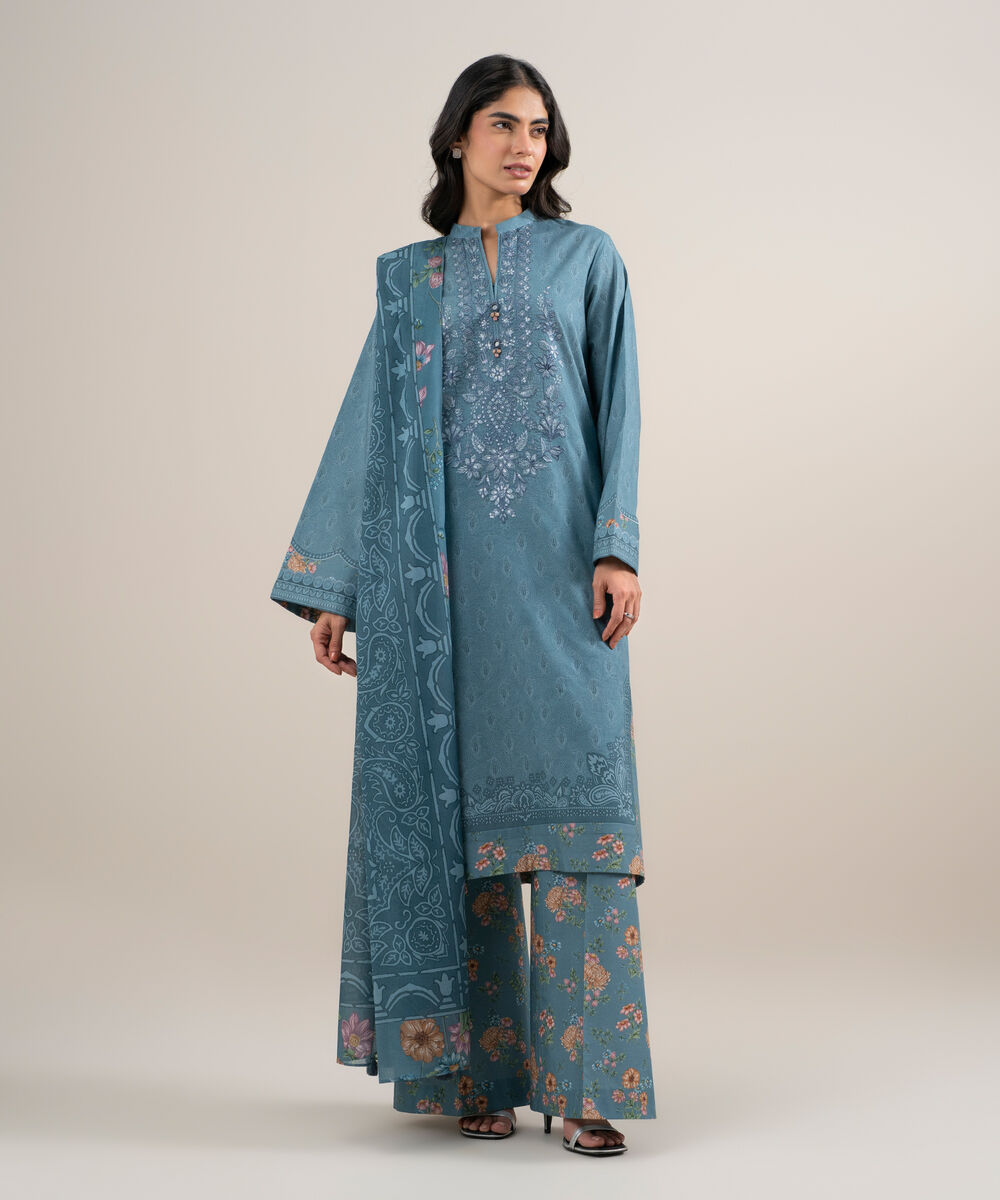 Women's Unstitched Lawn Embroidered Gray Blue 3 Piece Suit