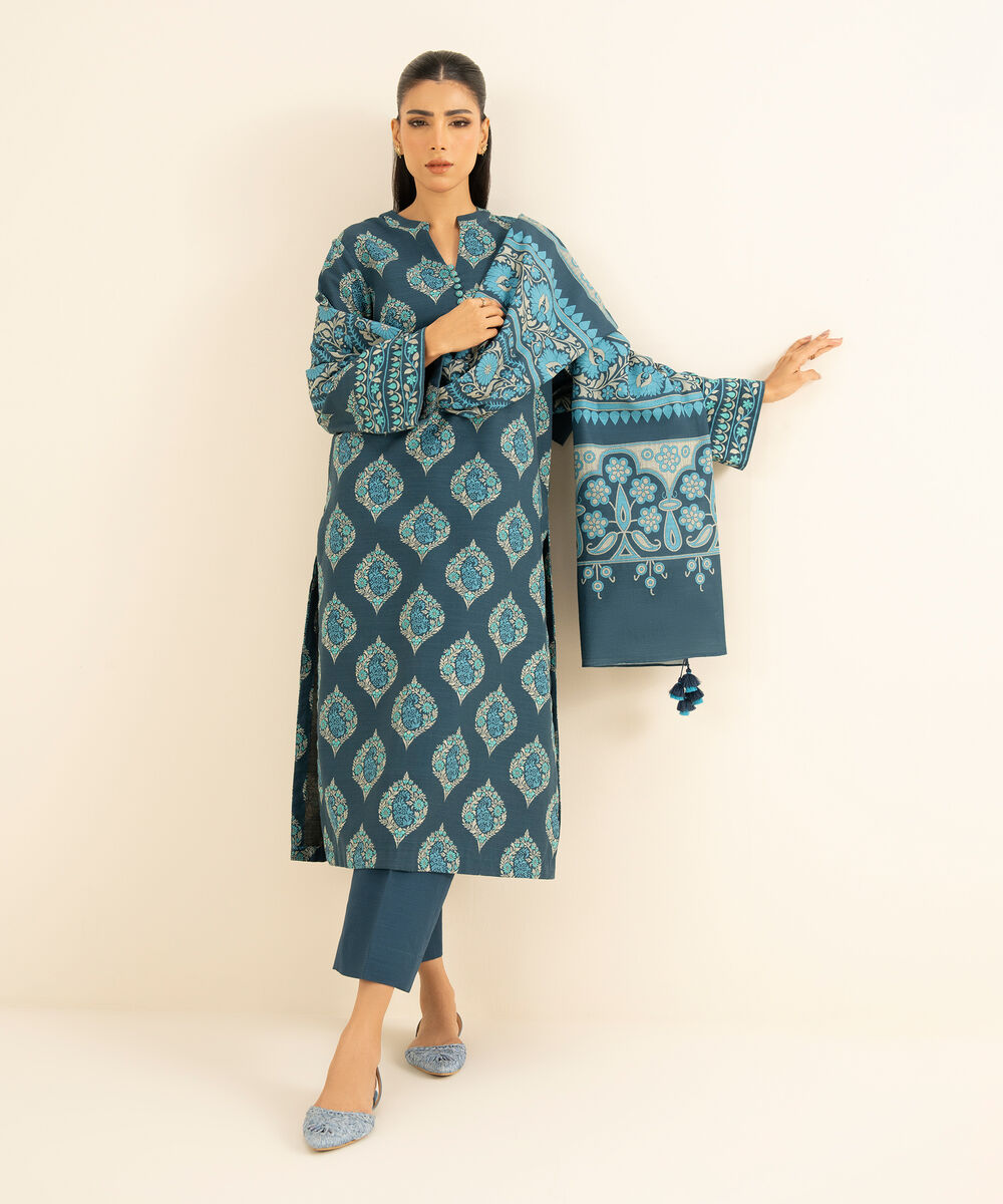 Women's Unstitched Khaddar Printed Blue 3 Piece Suit