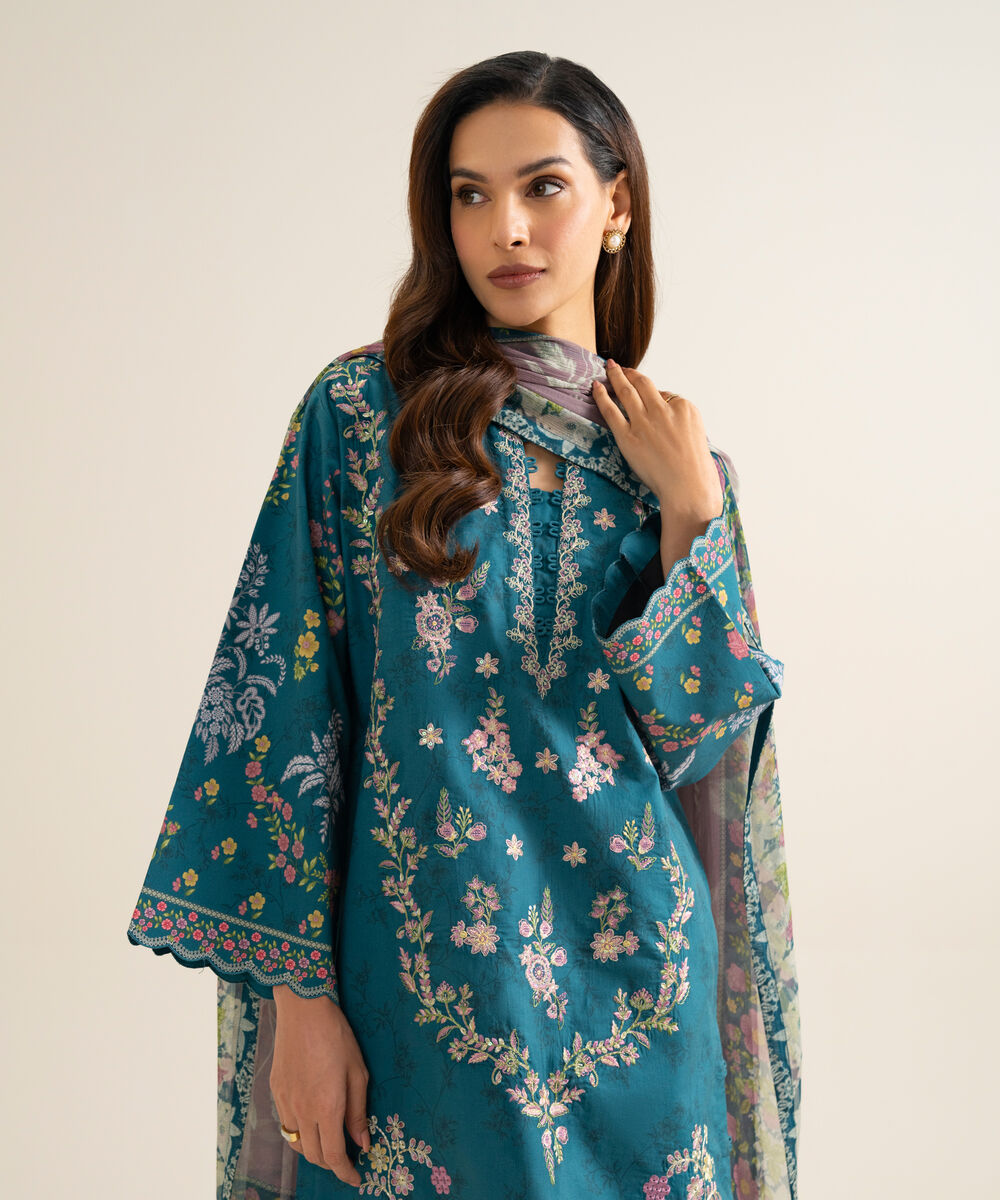 Women's Unstitched Blended Chiffon Embroidered Blue 3 Piece Suit