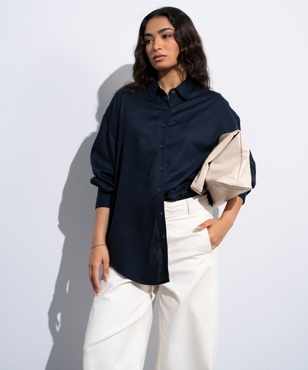 Women's Navy Linen Blend Button Through  Shirt