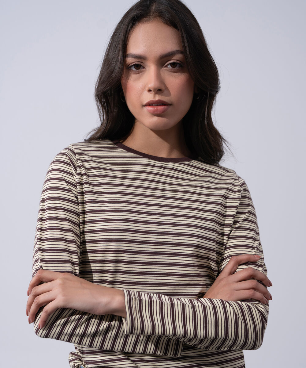 Women's Western Wear Yellow And Brown Cotton Full Sleeves Knit T-Shirt