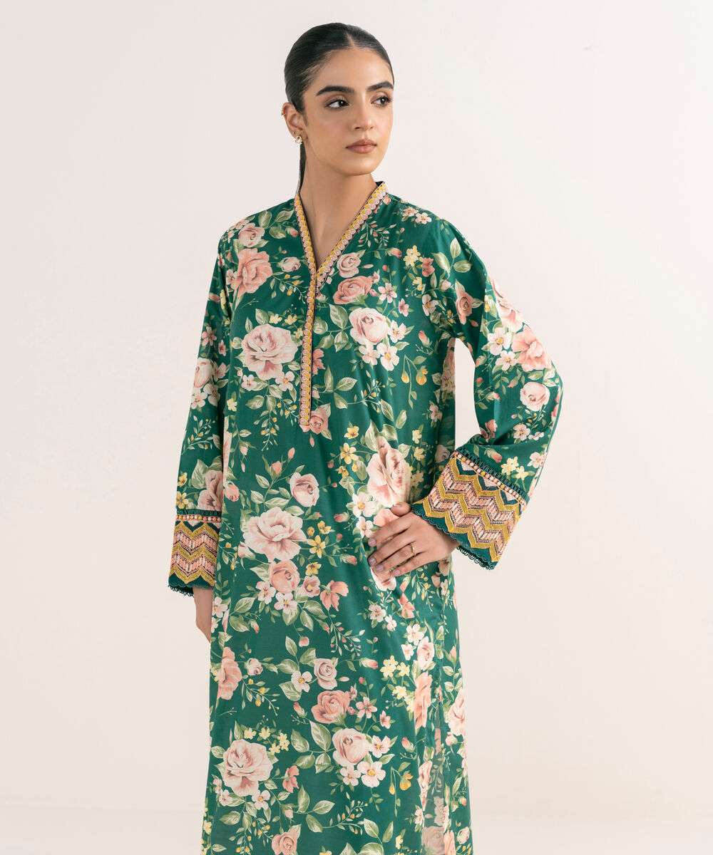 Women's RTW Textured Lawn Green Embroidered A-Line Shirt
