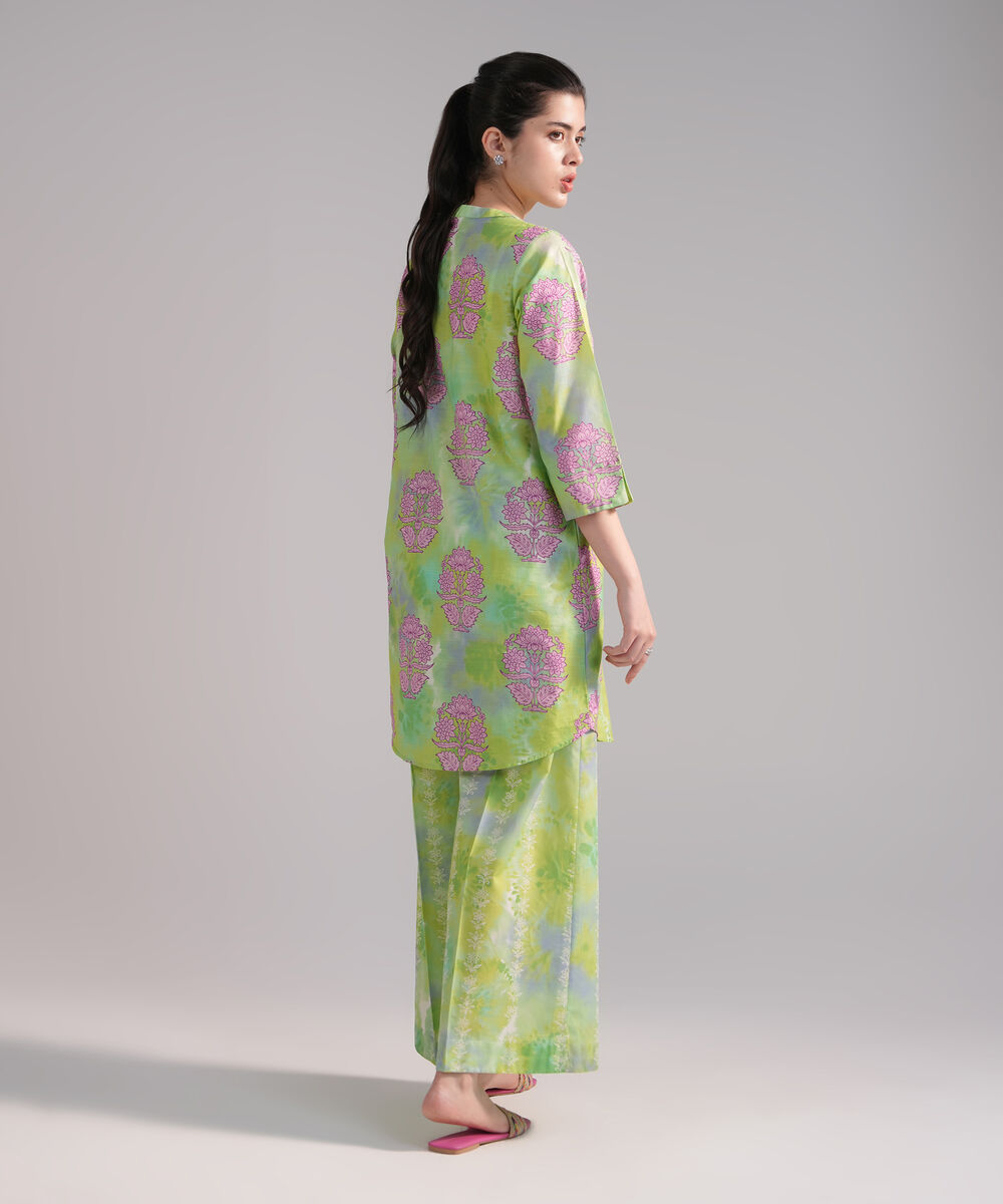 Women's RTW Slub Lawn Printed Bright Green Straight Shirt