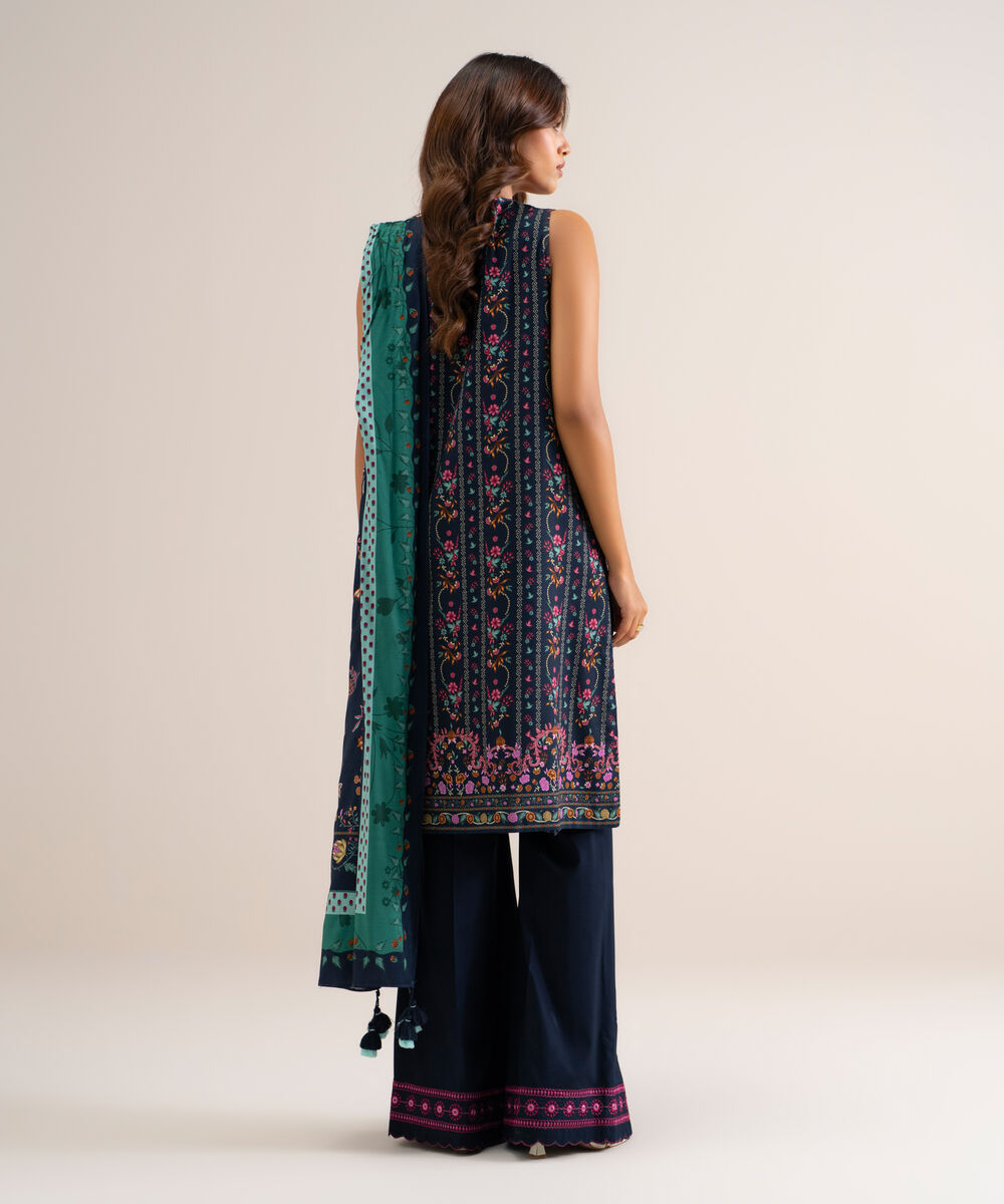 Women's Unstitched Printed Cotton Viscose Blue 3 Piece Suit