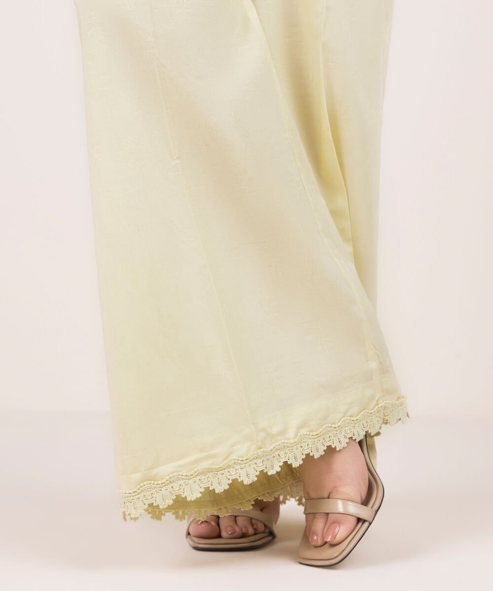 Women's RTW Self Jacquard Solid Yellow Flared Pants