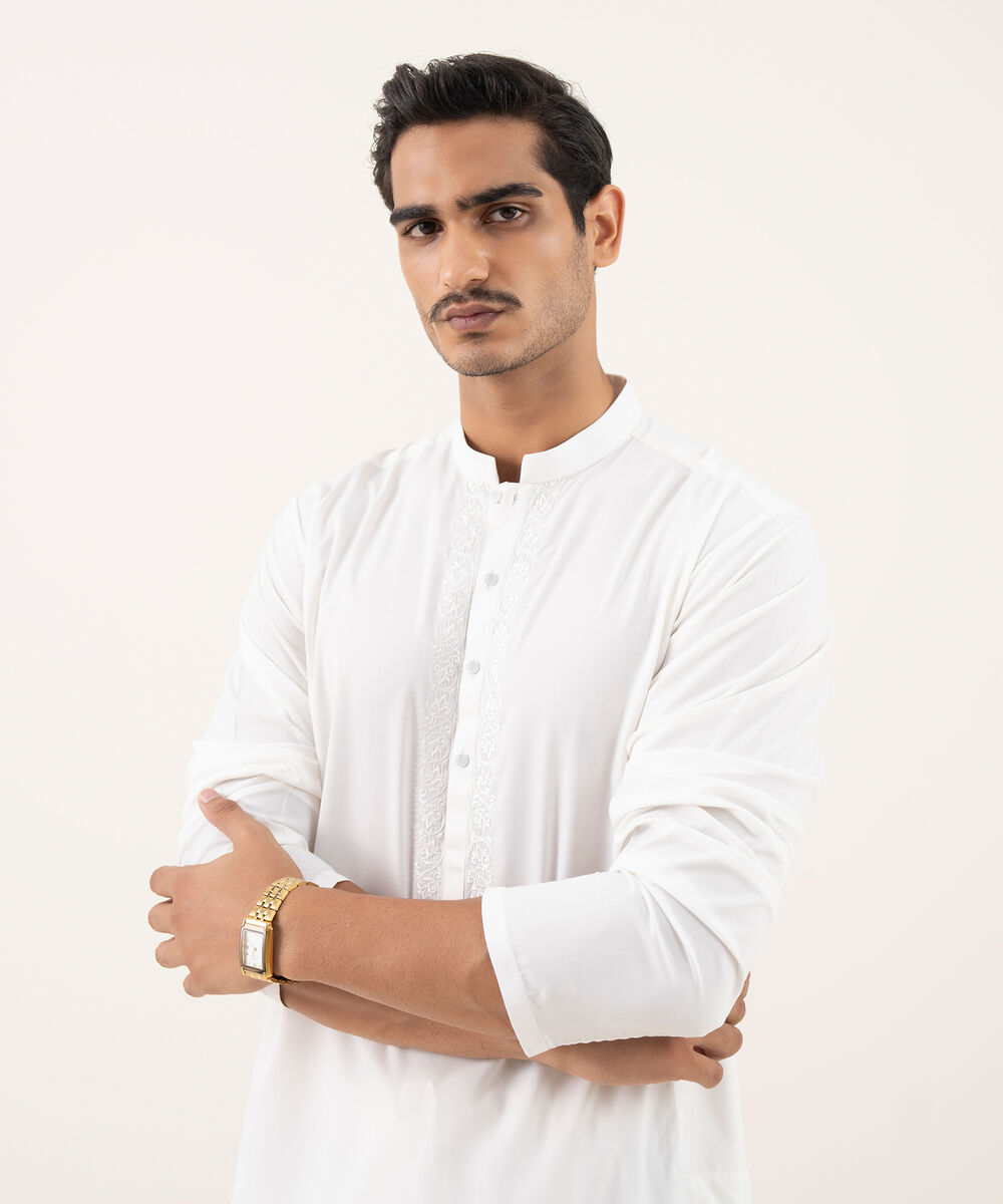 Men's Oxford Embroidered Off-White Kurta Shalwar
