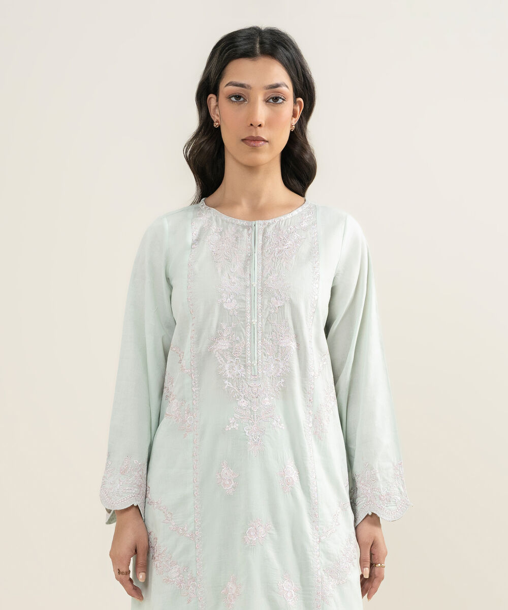 Women's RTW Self Jacquard Embroidered Mint Green A-Line Shirt
