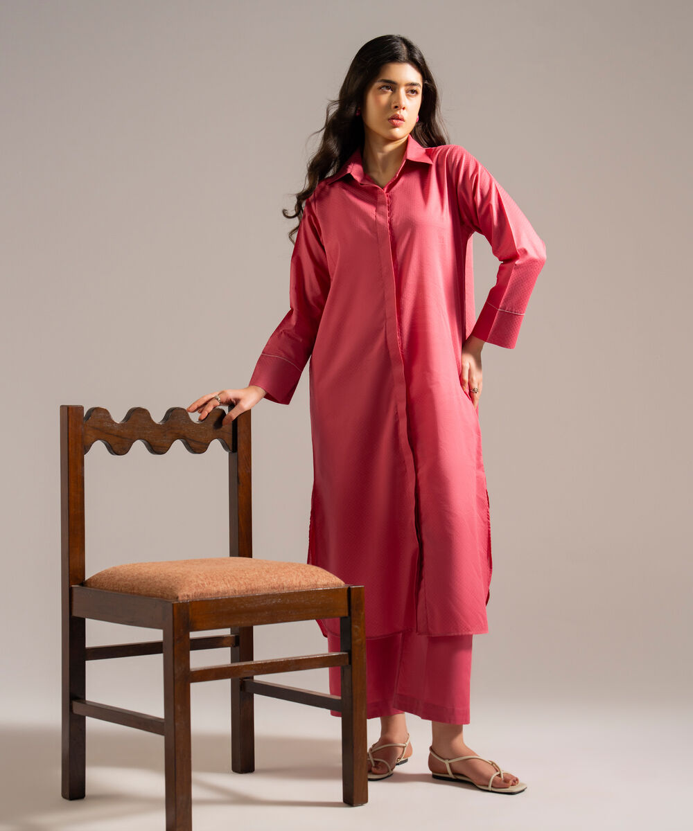 Women's RTW Dobby Solid Pink Straight Shirt