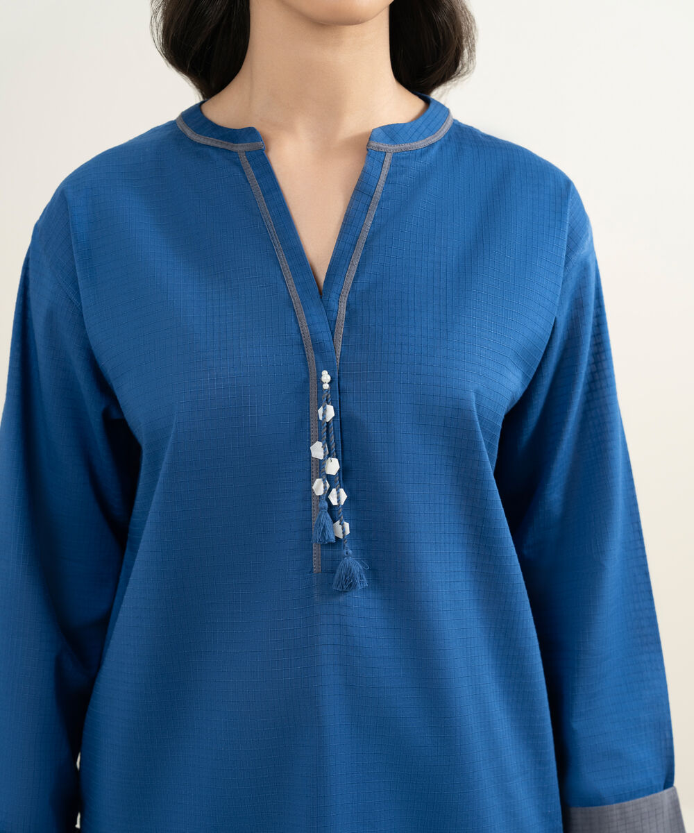 Women's RTW Dobby Solid Blue Straight Shirt