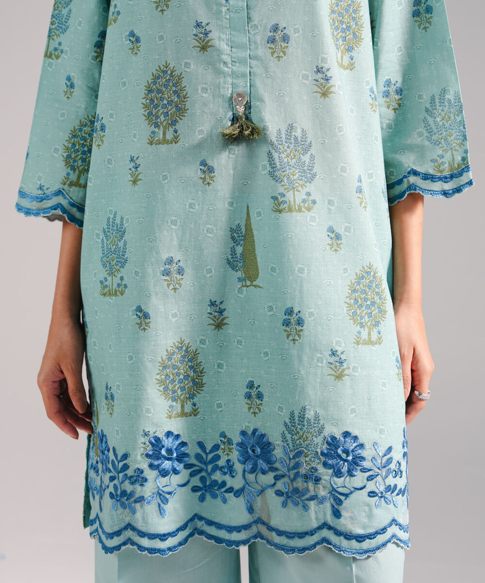 Women's RTW Slub Lawn Embroidered Blue 2 Piece Suit