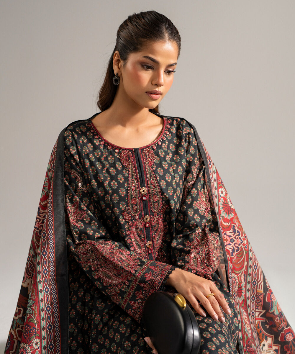 Women's RTW Dobby Embroidered Black 3 Piece Suit