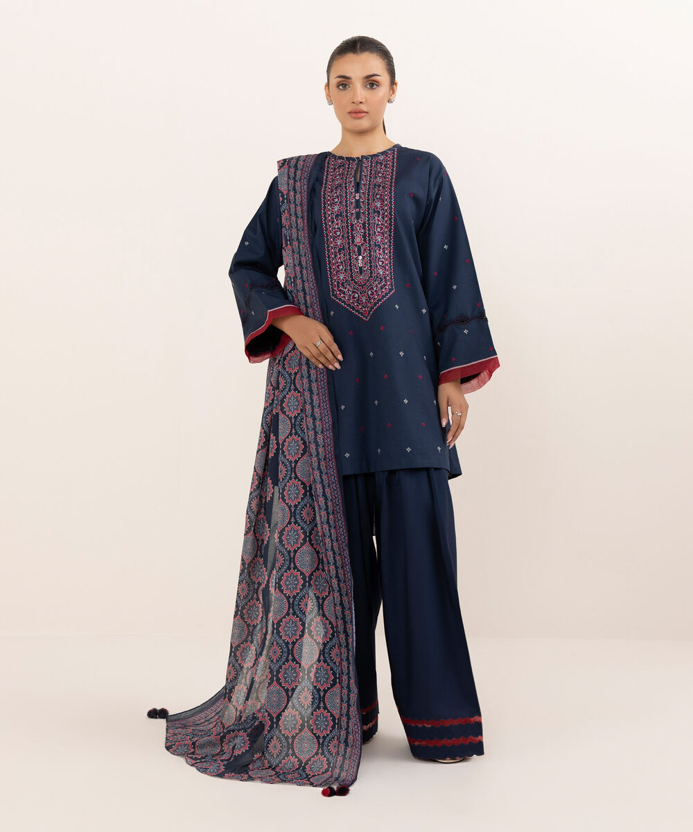 Women's Unstitched Lawn Embroidered Blue Three Piece Suit