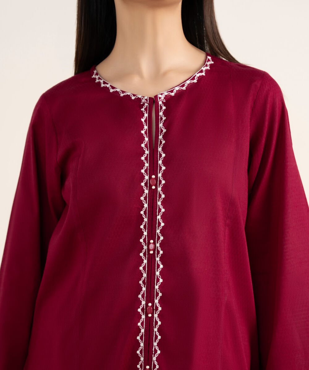 Women's RTW Textured Lawn Maroon Embroidered Straight Shirt
