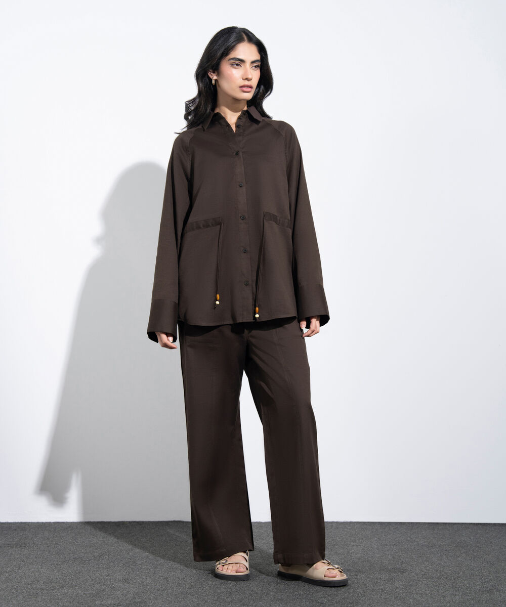 Women's Western Brown Linen Blend Shirt With Waist Drawcord