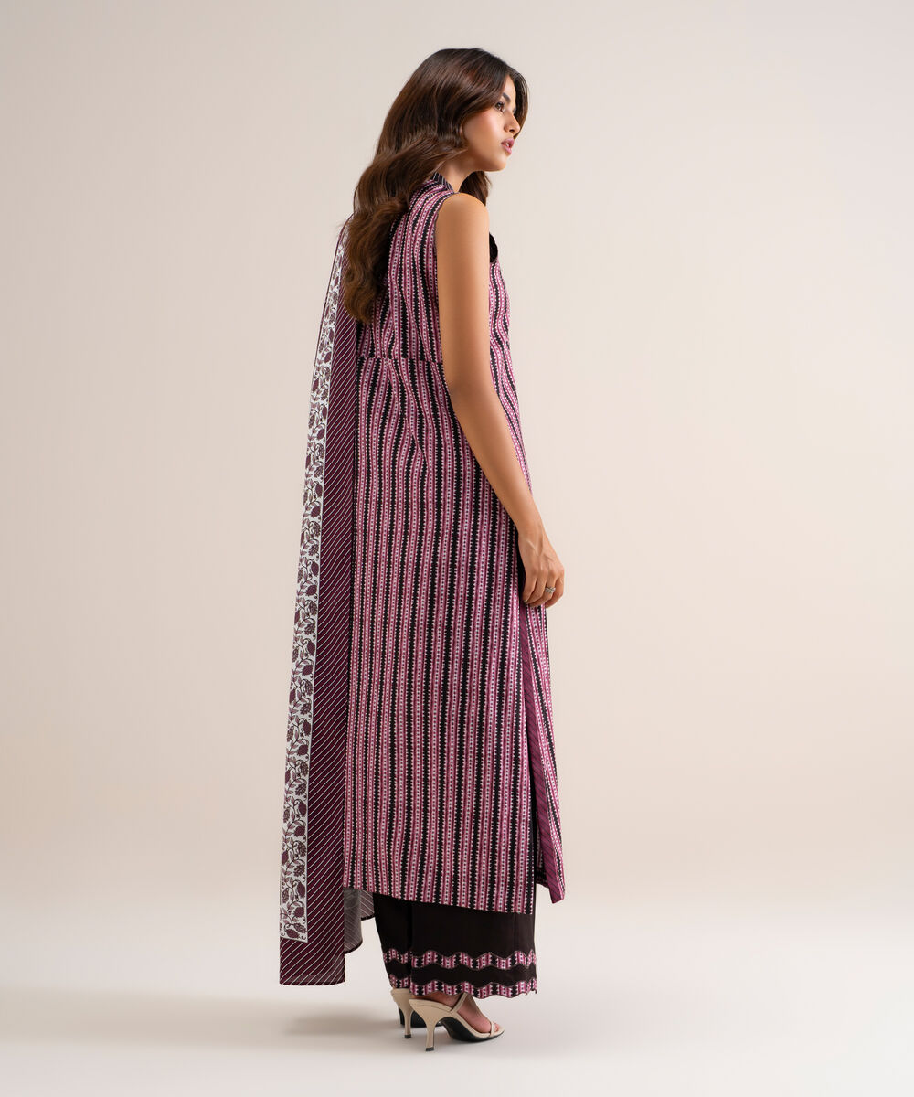 Women's Unstitched Printed Linen Purple 3 Piece Suit